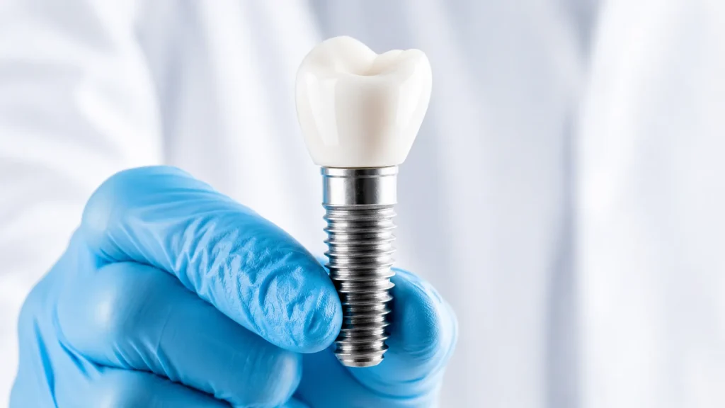 Dental implant uygulaması için tutulan titanyum implant ve diş protezi